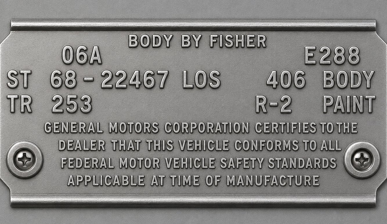 An original 1968 Pontiac Firebird Fisher body (cowl) tag