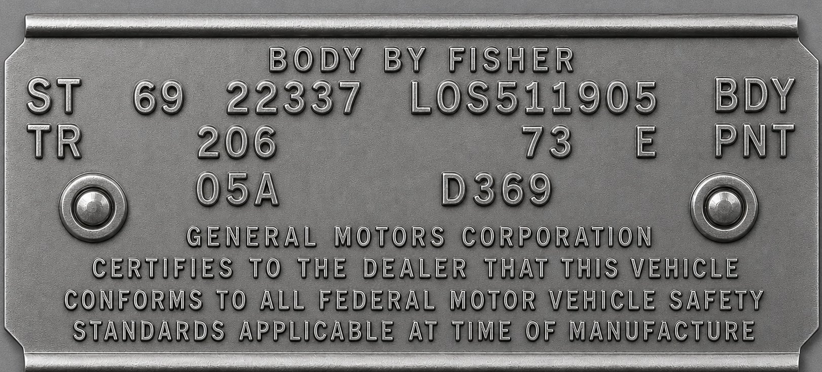 An original 1969 Pontiac Firebird Fisher body (cowl) tag