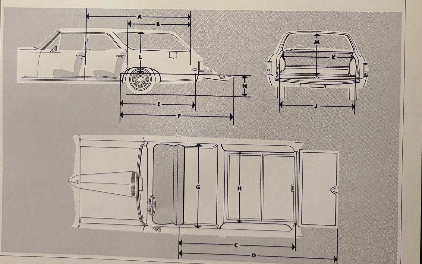 Station wagon cargo dimension diagrams (A–N): side, rear and plan views