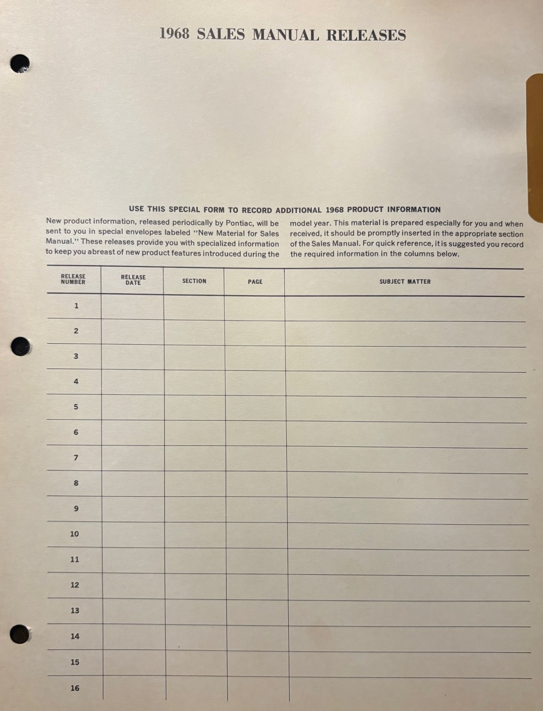 Blank release-record form, entries 1 through 16